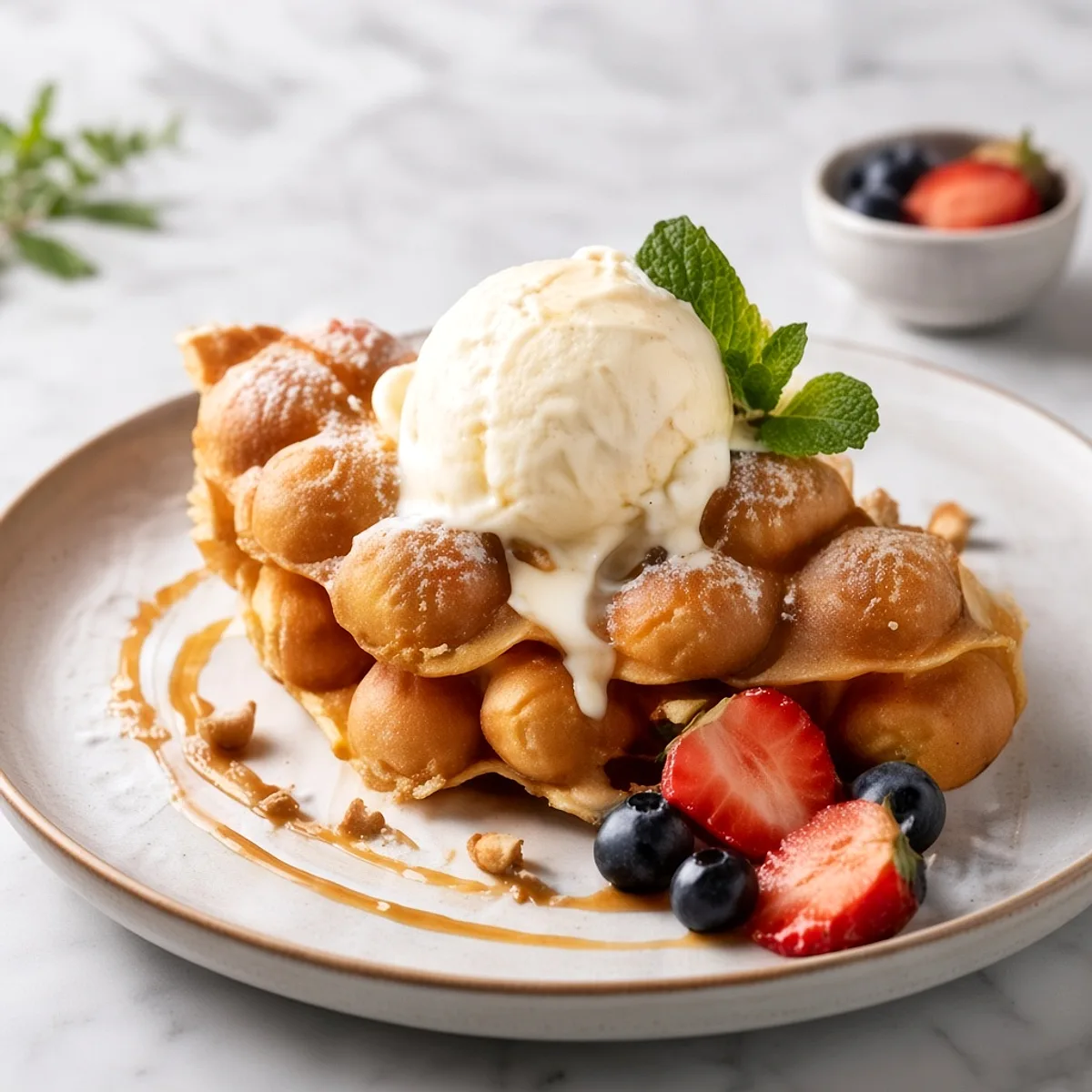 Warm Egg Waffle with Vanilla Ice Cream